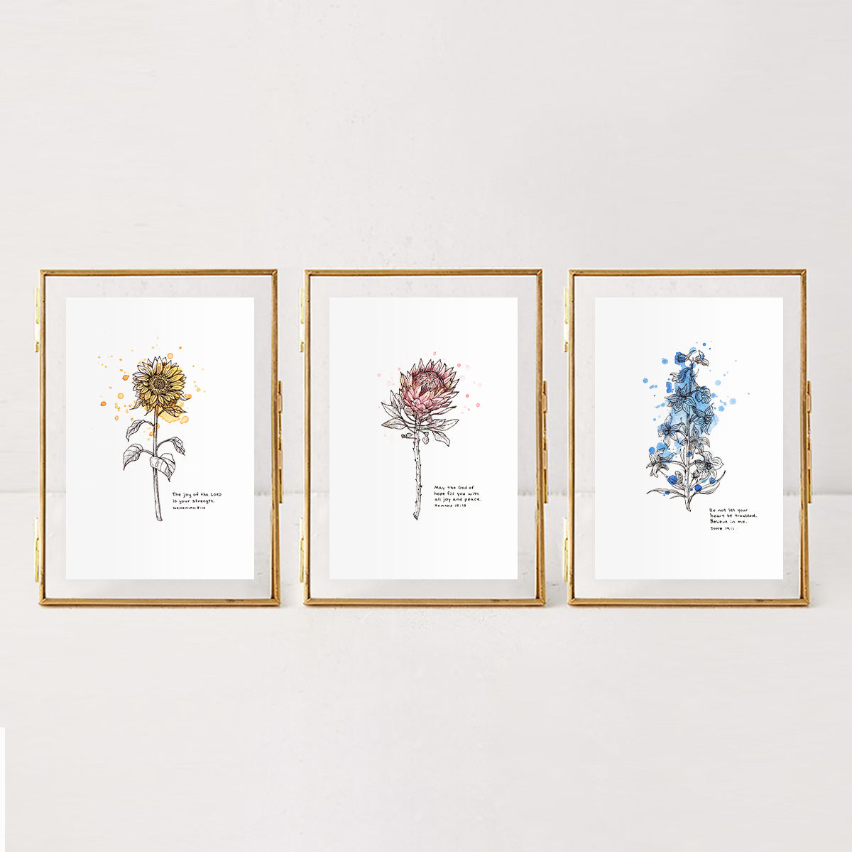 Framed Scripture Art Triptych - Wildflower Series - Romans 15:13, Nehemiah 8:10, John 14:1