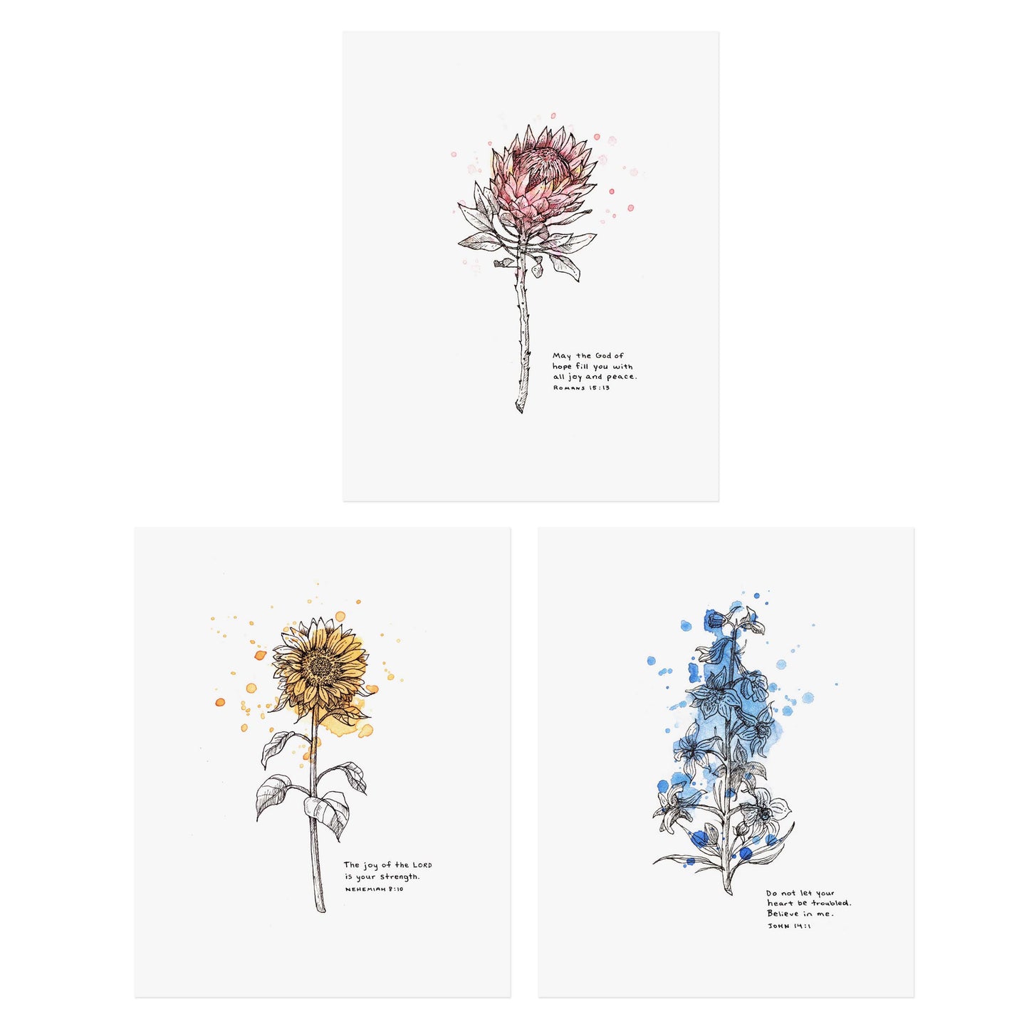 Scripture Art Bundle - Wildflower Series - John 14:1, Nehemiah 8:10, Romans 15:13