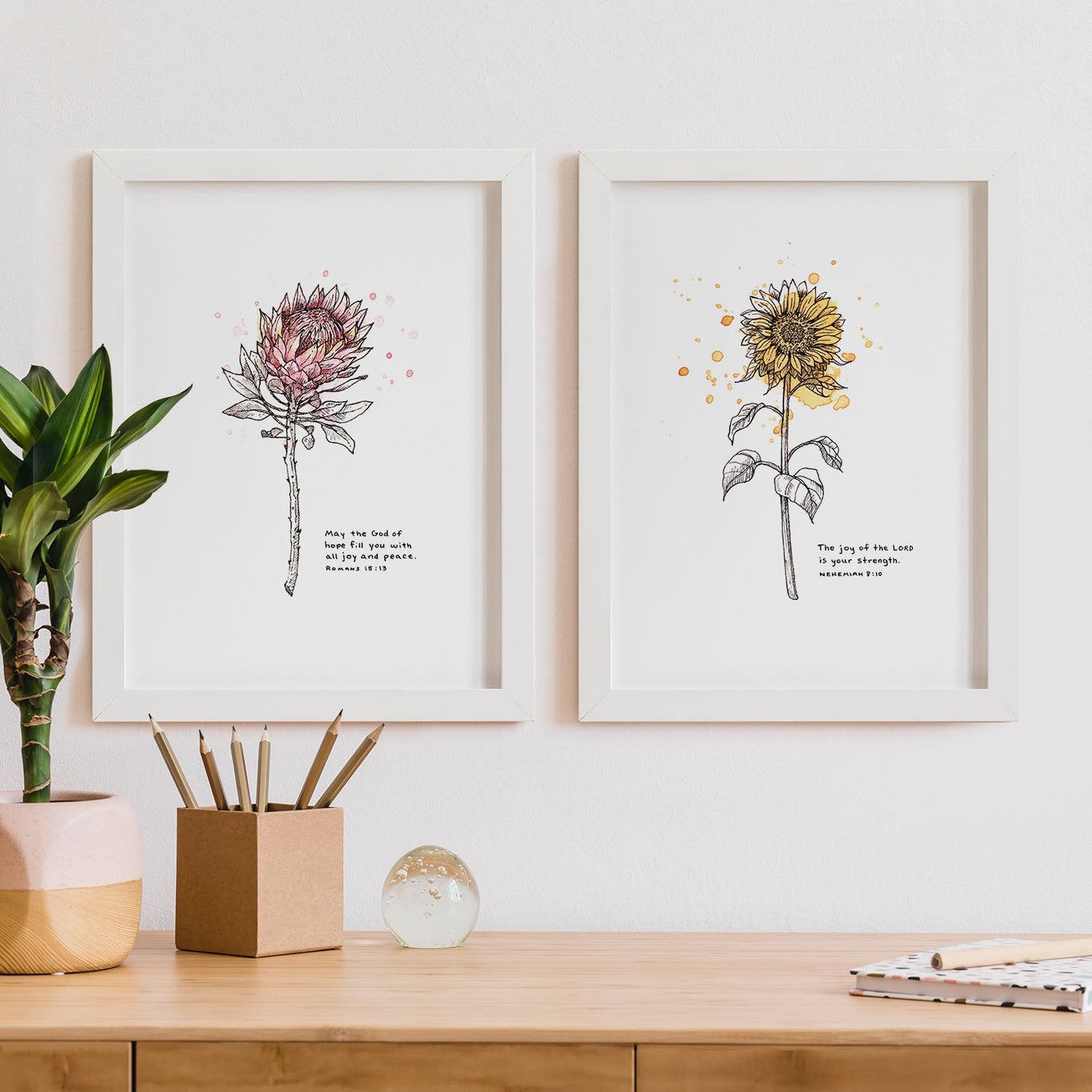Framed Scripture Art - Wildflower Series - Nehemiah 8:10, Romans 15:13 on white background