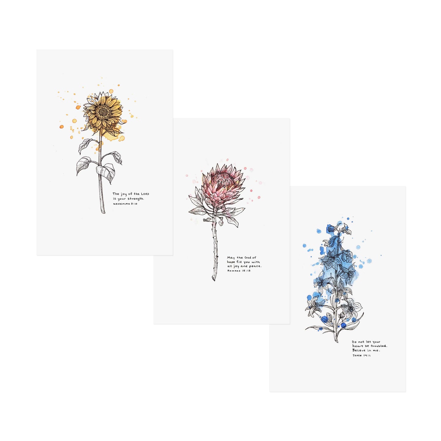 Diagonal Scripture Art - Wildflower Series - Romans 15:13, Nehemiah 8:10, John 14:1 on white background