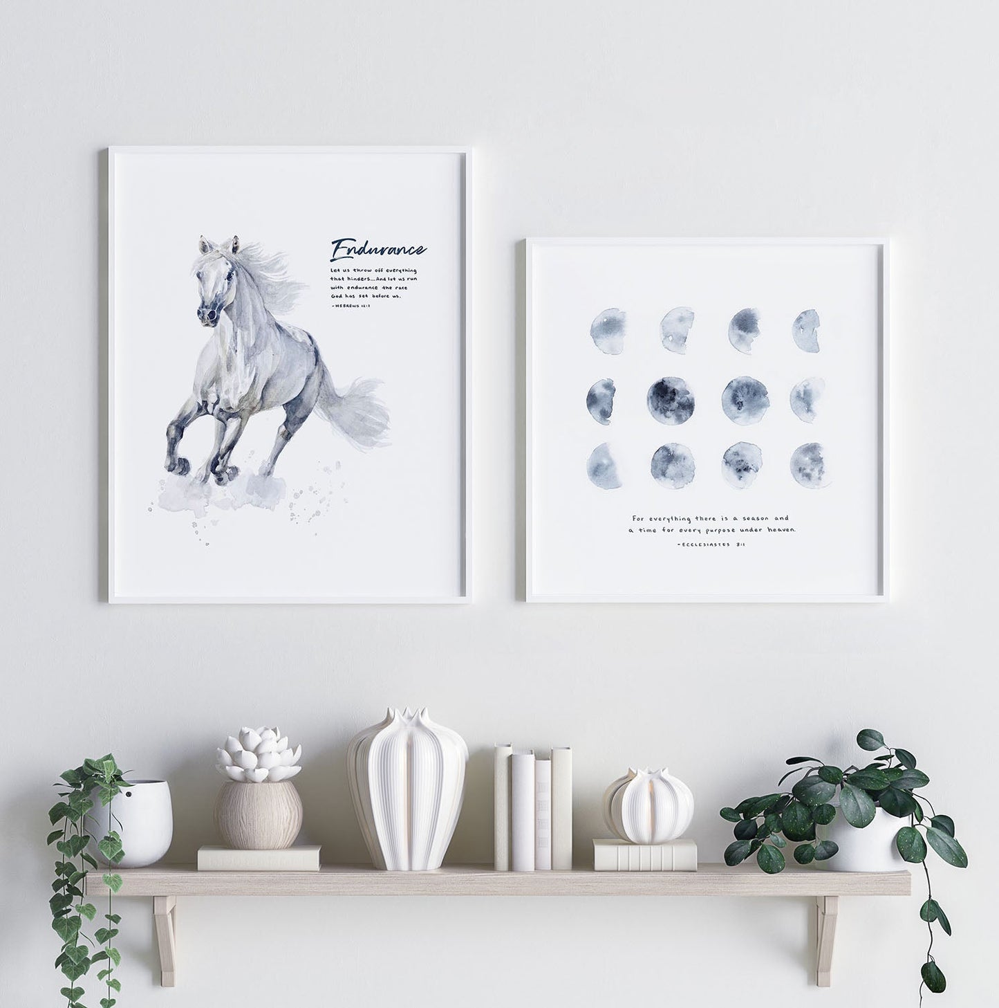 Framed Scripture Art - Hebrews 12:1 Endurance on white background next to Framed Scripture Art - Ecclesiastes 3:1 A Season for Everything