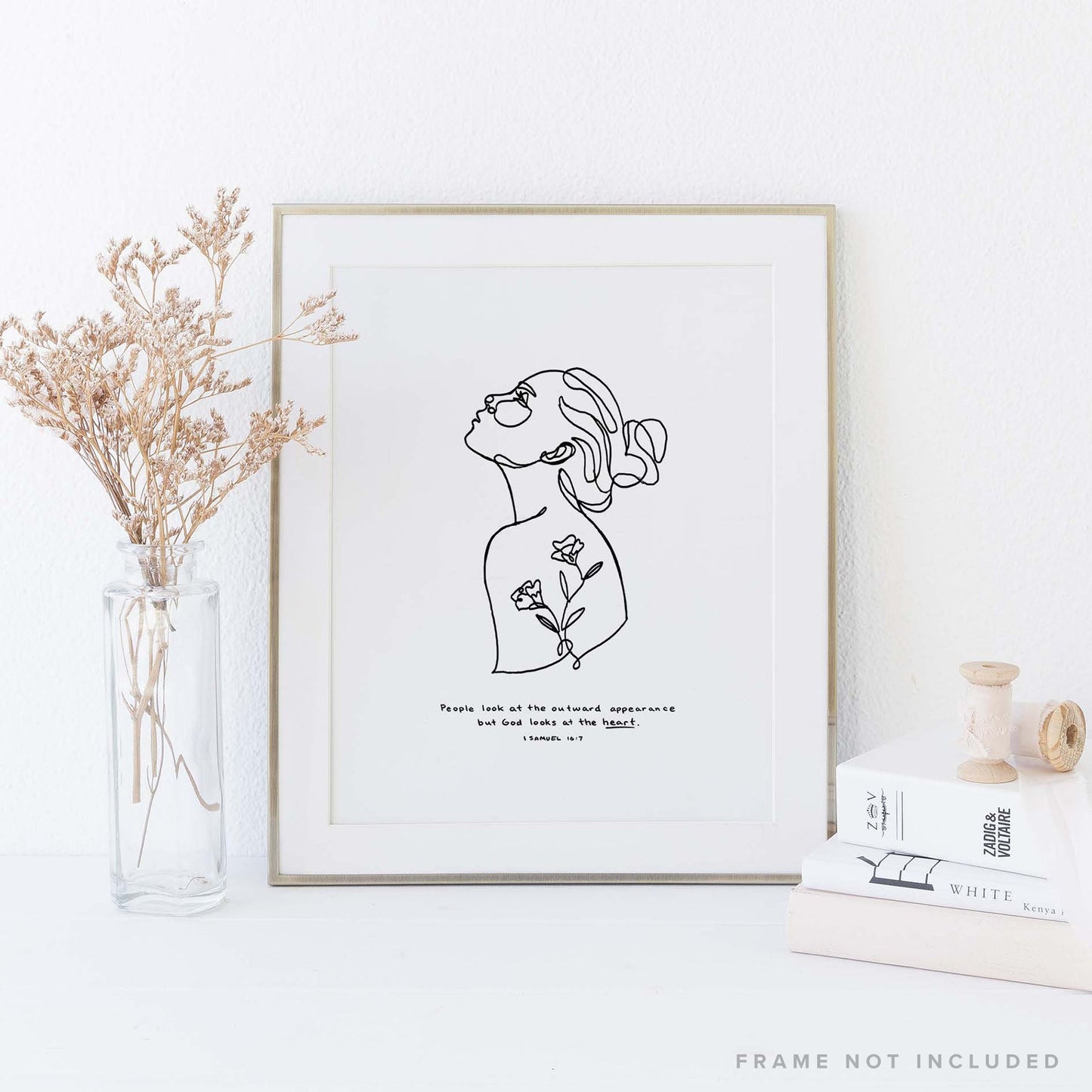 Framed Scripture Art Print of "People look at the outward appearance but God looks at the heart." - 1 Samuel 16:7 on white background