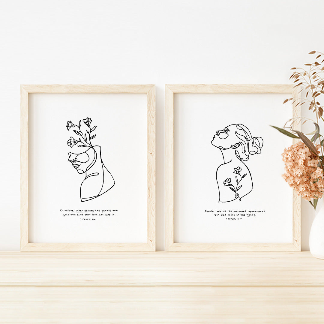 Framed Scripture Art Print of "People look at the outward appearance but God looks at the heart." - 1 Samuel 16:7 and 1 Peter 3:4 on white background