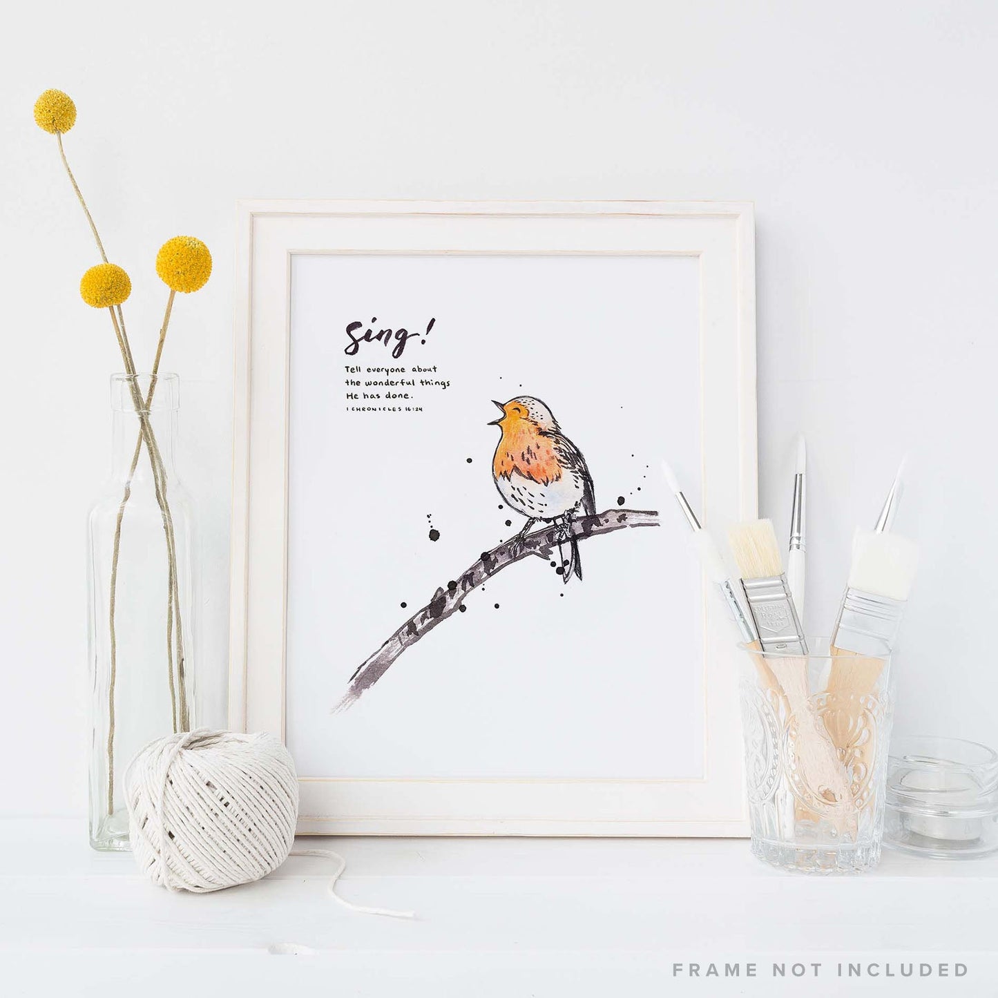 Framed Scripture Art Print of "Tell everyone about the wonderful things He has done." - 1 Chronicles 16:24 on white background