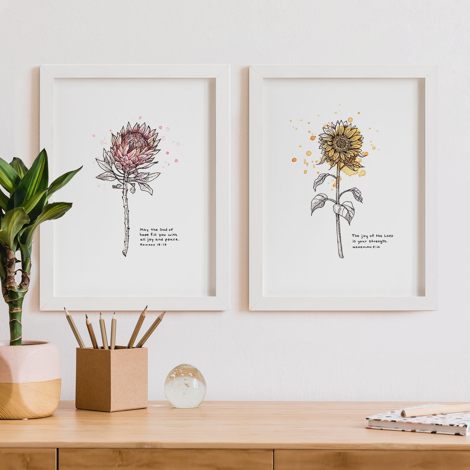 Framed Scripture Art - Wildflower Series - Nehemiah 8:10, Romans 15:13 on white background